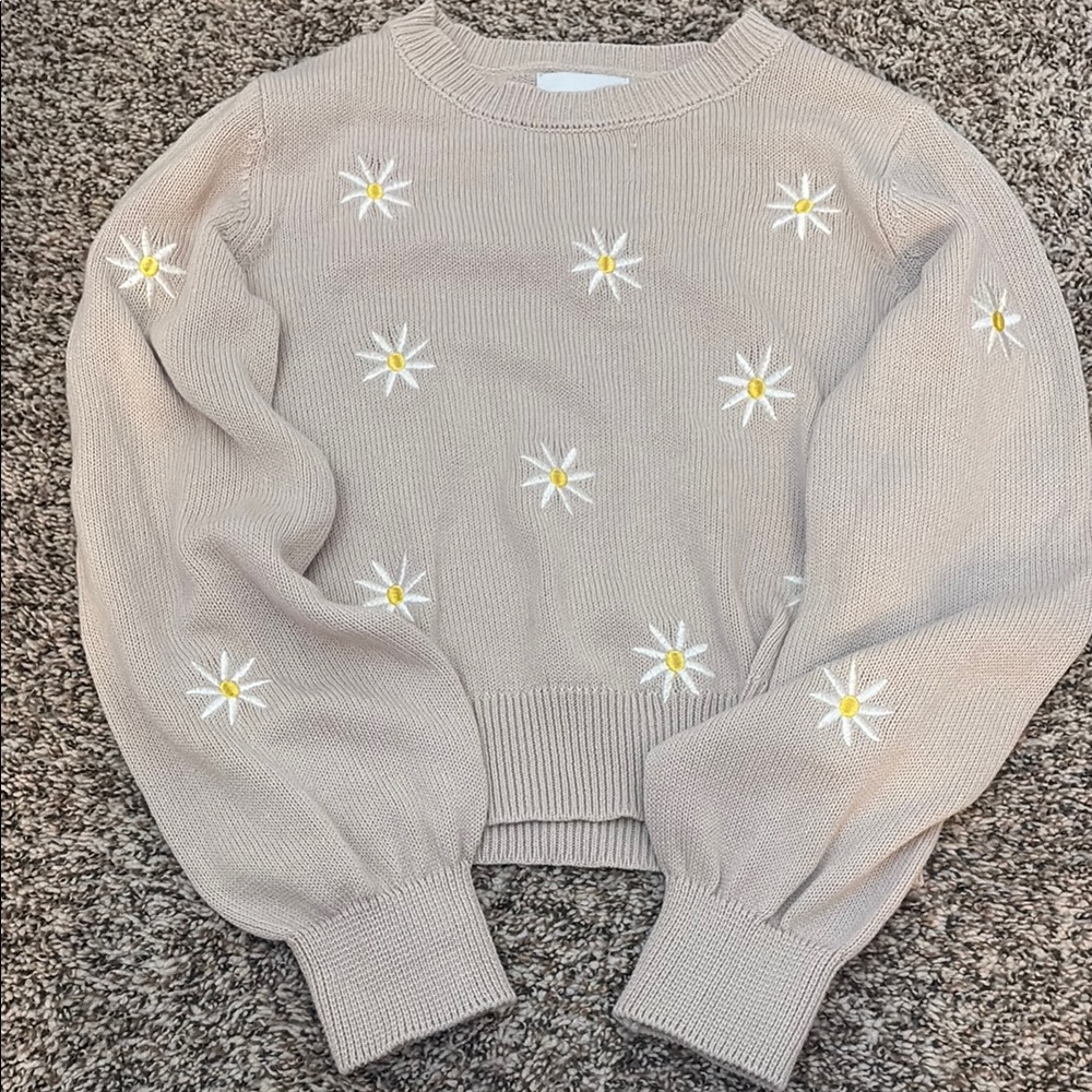 Pink Rose Beige Sweater with Floral Embroidery